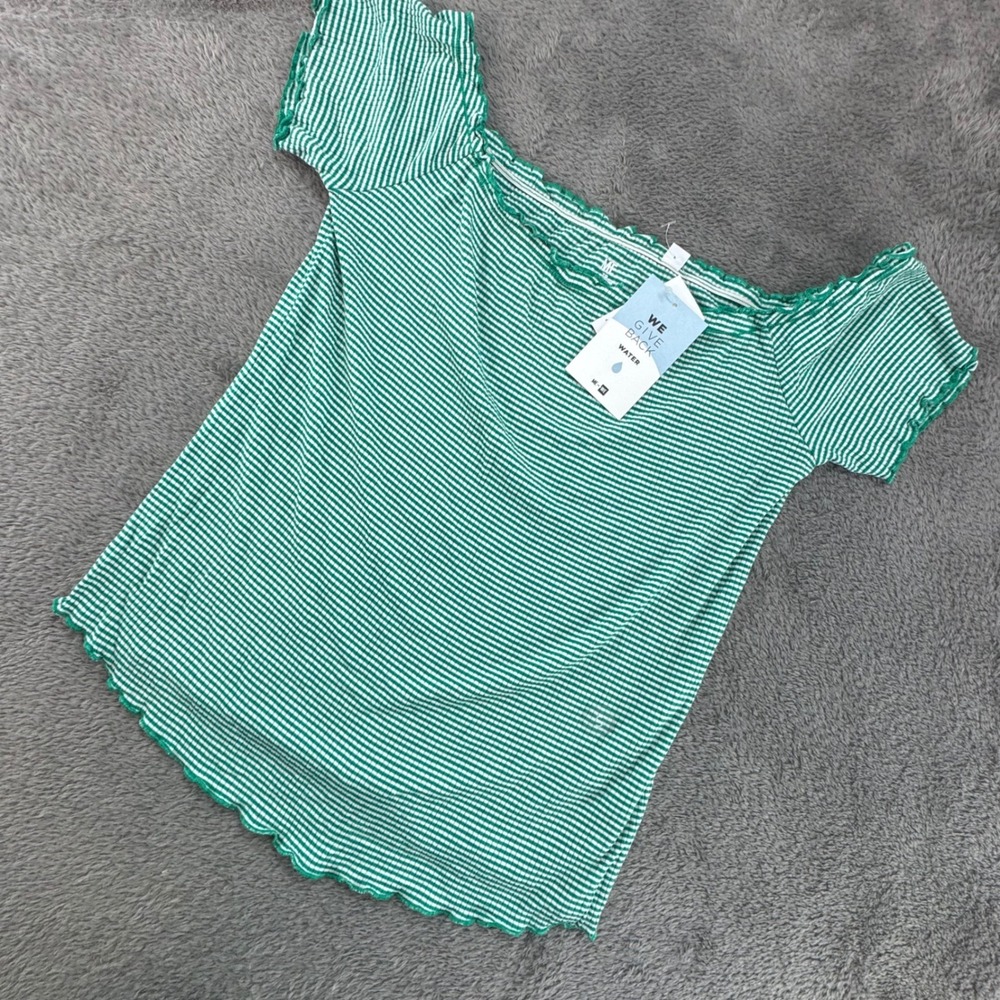 ME TO WE Essentials Green White Stripe Off Shoulder‎ Lettuce Hem Top Size S
